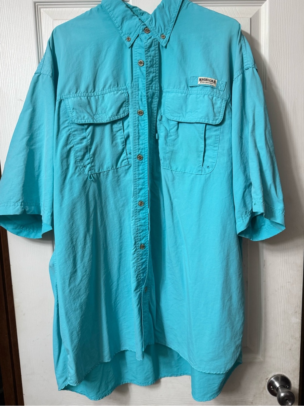 Magellan Outdoors Short-Sleeve Button-Down Shirt in Bright Turquoise